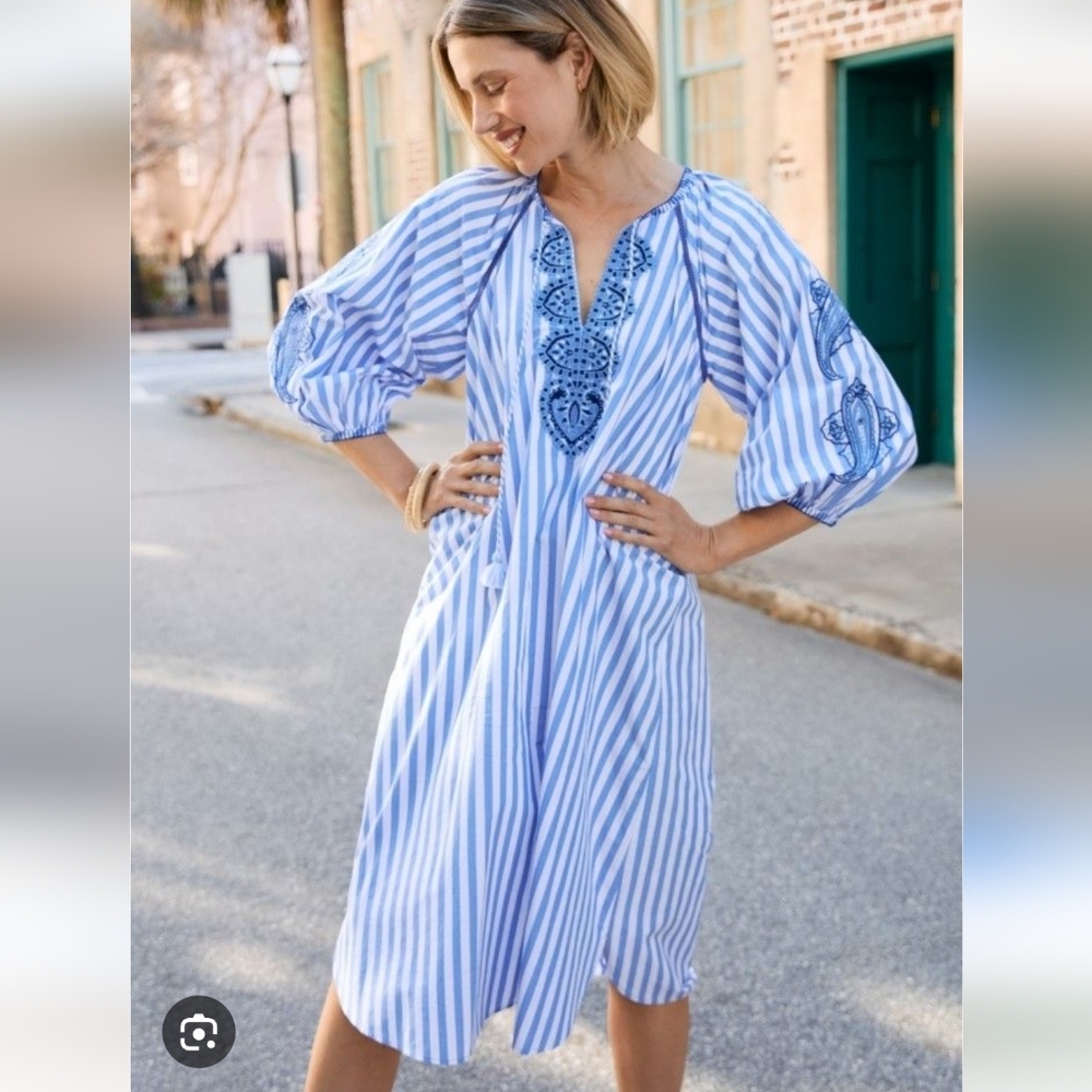 J. McLaughlin X Filipa De Abreu Zelena Striped Dress with Embroidery Size Medium